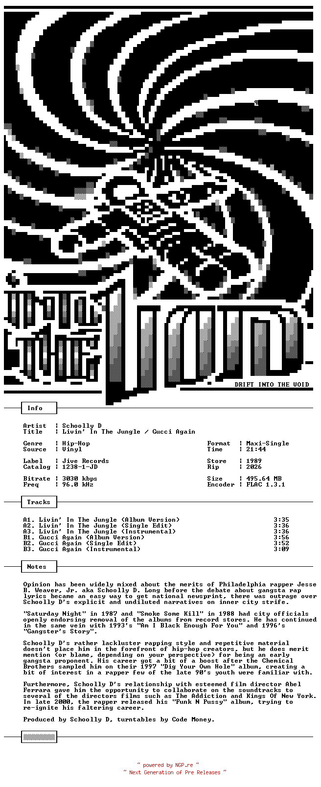 NFO for the release Schoolly_D-Livin_In_The_Jungle-Gucci_Again-VLS-FLAC-1989-THEVOiD by THEVOiD