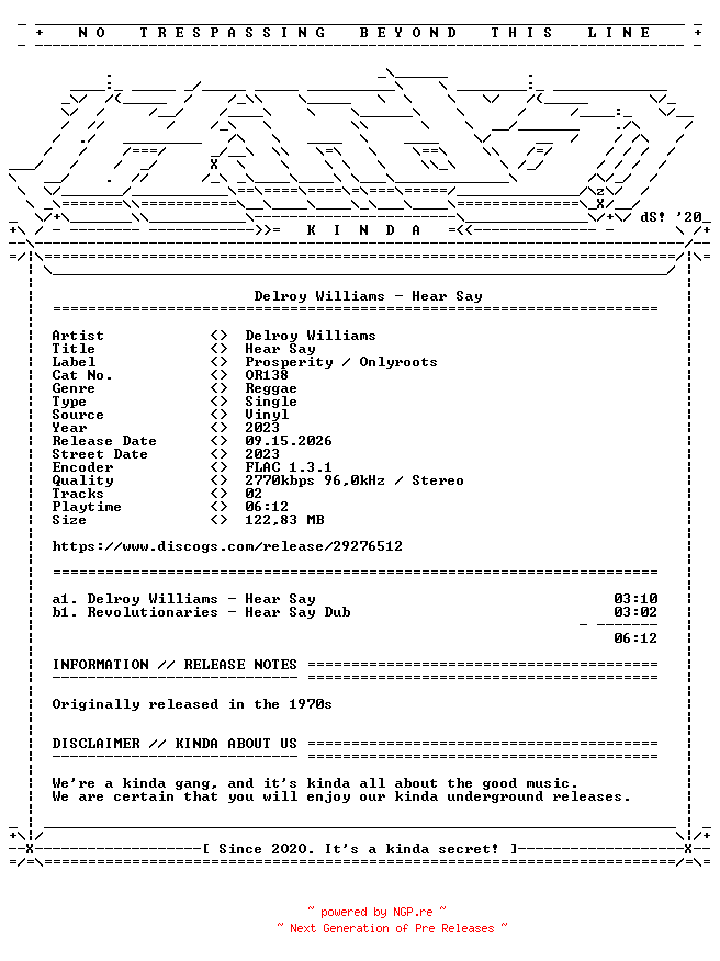 NFO for the release Delroy_Williams-Hear_Say-(OR138)-REISSUE-7INCH_VINYL-FLAC-2023-KINDA by KINDA