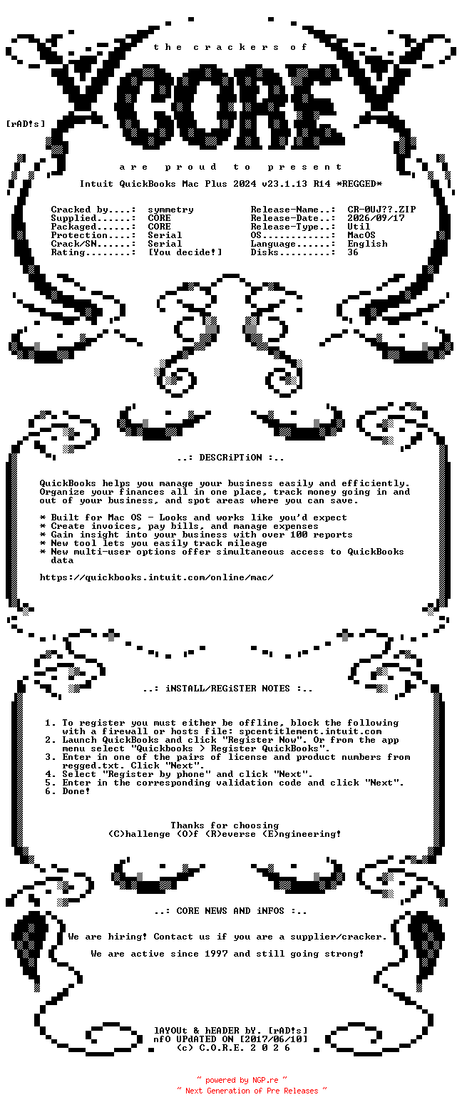 NFO for the release Intuit.QuickBooks.Mac.Plus.2024.v23.1.13.R14.MacOS.UB.Regged-CORE by CORE