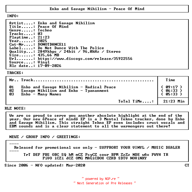 NFO for the release Enko_and_Savage_Nihilism-Peace_of_Mind-(DONOTDANCE11)-VINYL-FLAC-2025-CT by CT