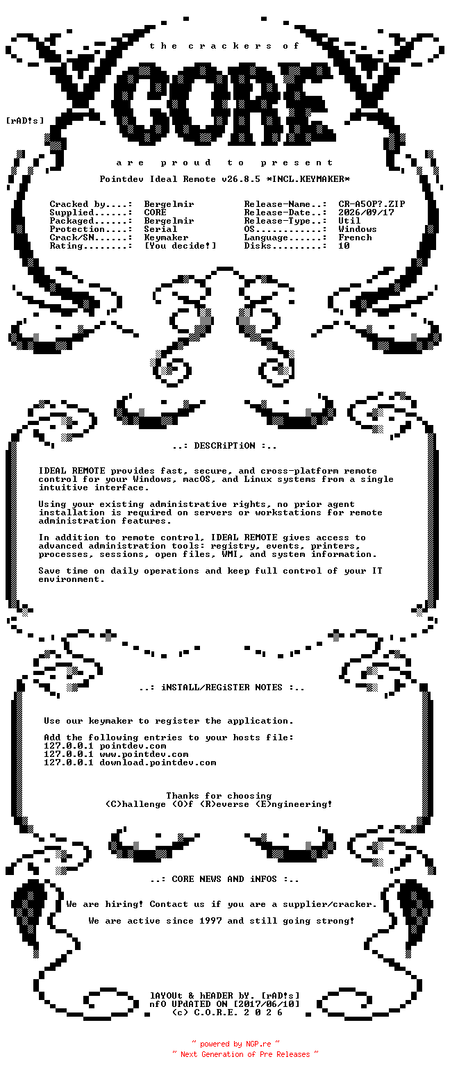 NFO for the release Pointdev.Ideal.Remote.v26.8.5.French.Incl.Keymaker-CORE by CORE