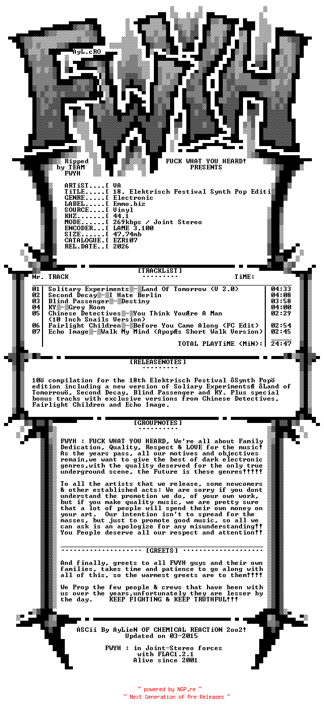 NFO for the release VA-18._Elektrisch_Festival_Synth_Pop_Edition-Limited_Edition-VINYL-2026-FWYH by FWYH