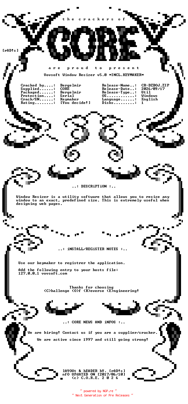 NFO for the release Vovsoft.Window.Resizer.v5.0.x64.Incl.Keymaker-CORE by CORE