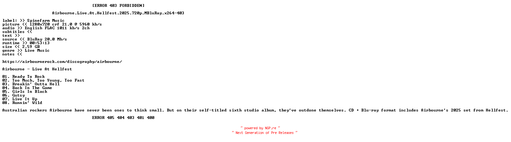 NFO for the release Airbourne.Live.At.Hellfest.2025.720p.MBluRay.x264-403 by 403
