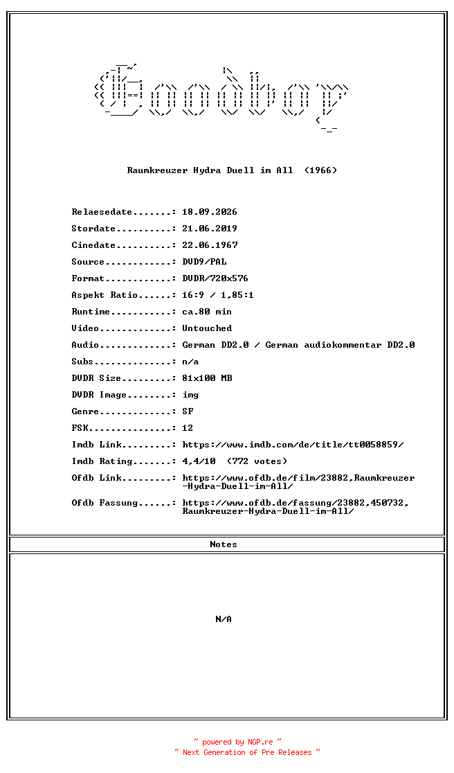 NFO for the release Raumkreuzer.Hydra.Duell.Im.All.GERMAN.1966.COMPLETE.PAL.DVD9-Goodboy by Goodboy