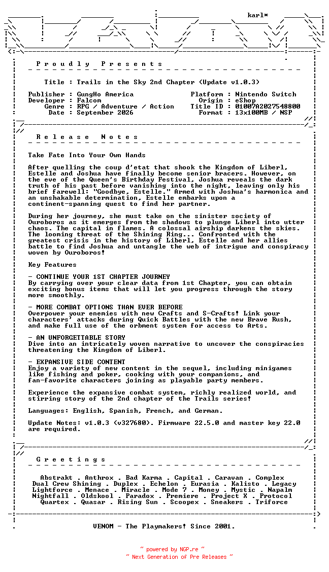 NFO for the release Trails_in_the_Sky_2nd_Chapter_Update_v1.0.3_NSW-VENOM by VENOM