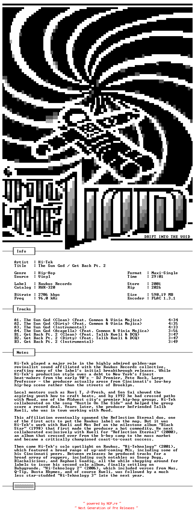 NFO for the release Hi-Tek-The_Sun_God-Get_Back_Pt_2-VLS-FLAC-2001-THEVOiD by THEVOiD