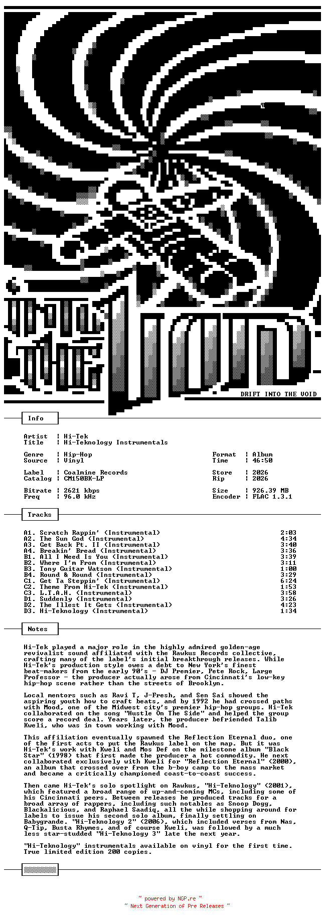 NFO for the release Hi-Tek-Hi-Teknology_Instrumentals-2LP-FLAC-2026-THEVOiD by THEVOiD
