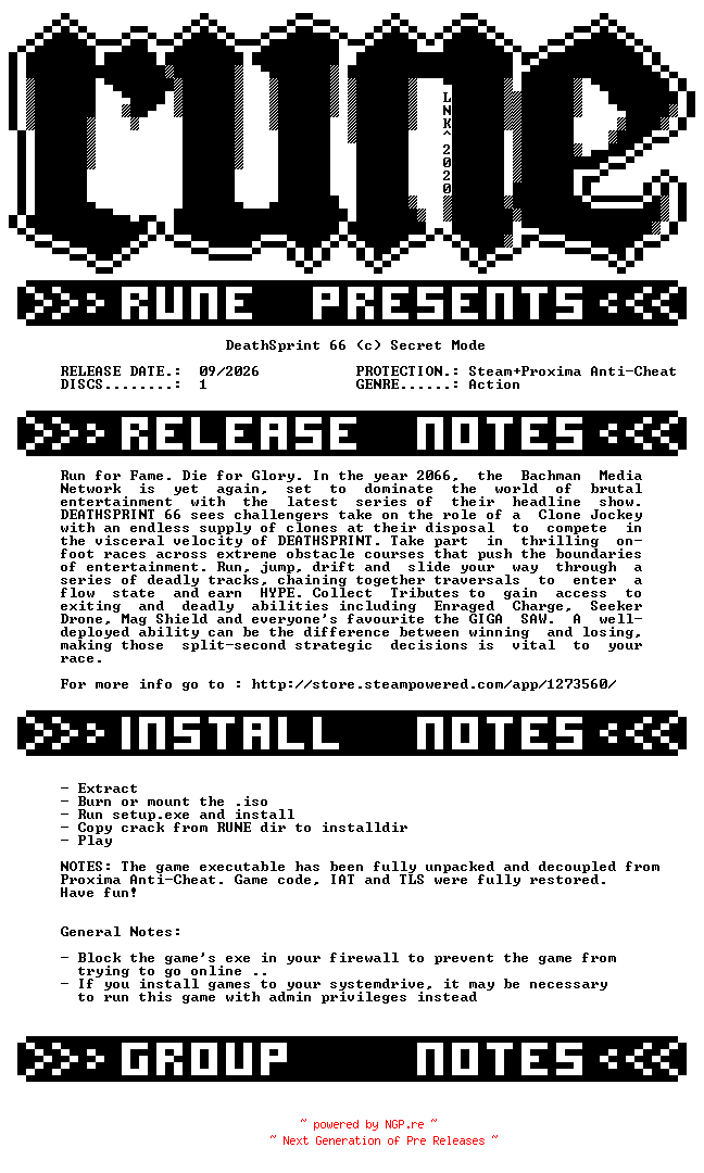 NFO for the release DeathSprint.66-RUNE by RUNE