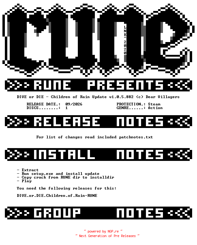 NFO for the release DIVE.or.DIE.Children.of.Rain.Update.v1.0.5.882-RUNE by RUNE