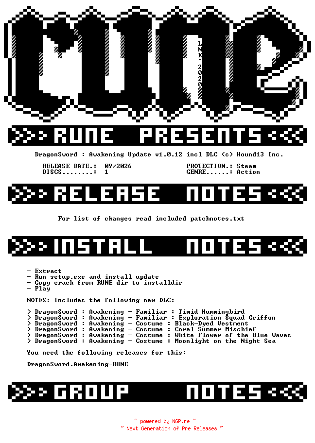 NFO for the release DragonSword.Awakening.Update.v1.0.12.incl.DLC-RUNE by RUNE