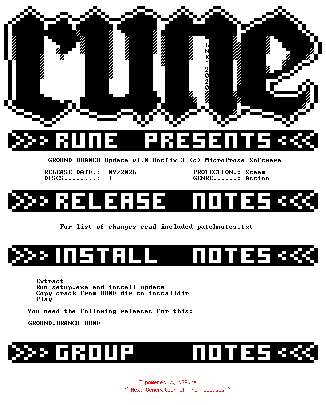 NFO for the release GROUND.BRANCH.Update.v1.0.Hotfix.3-RUNE by RUNE