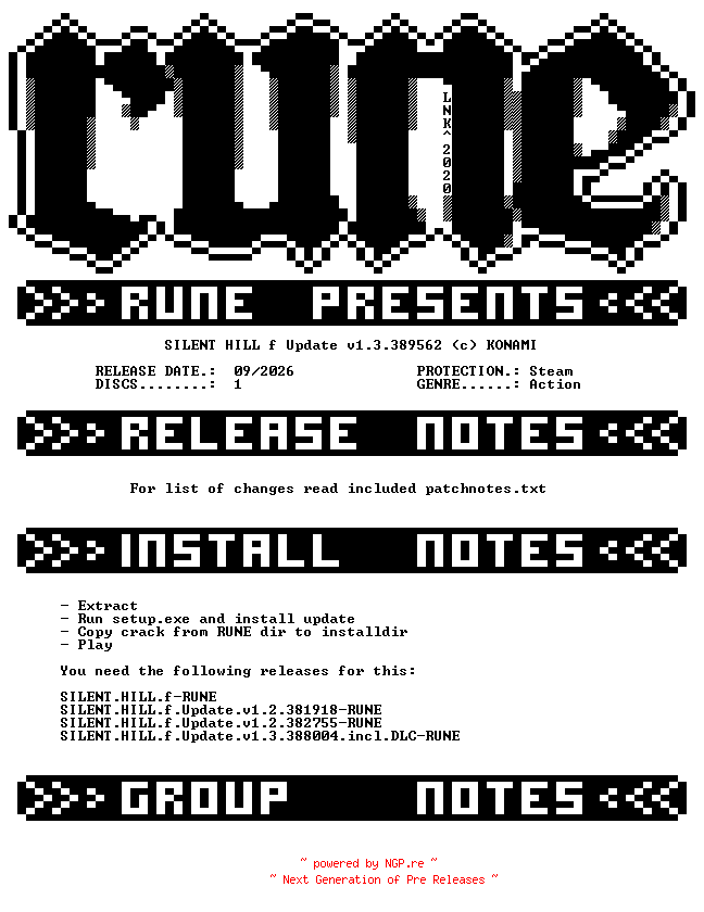 NFO for the release SILENT.HILL.f.Update.v1.3.389562-RUNE by RUNE