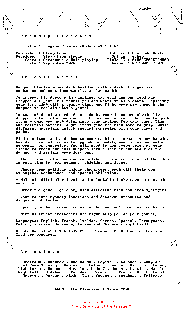 NFO for the release Dungeon_Clawler_Update_v1.1.1.6_NSW-VENOM by VENOM