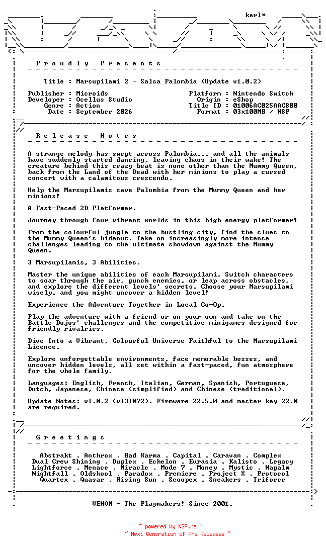 NFO for the release Marsupilami_2_Salsa_Palombia_Update_v1.0.2_NSW-VENOM by VENOM