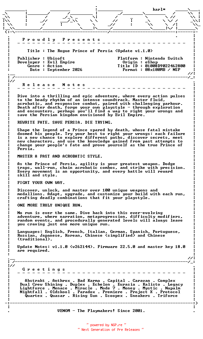 NFO for the release The_Rogue_Prince_of_Persia_Update_v1.1.0_NSW-VENOM by VENOM