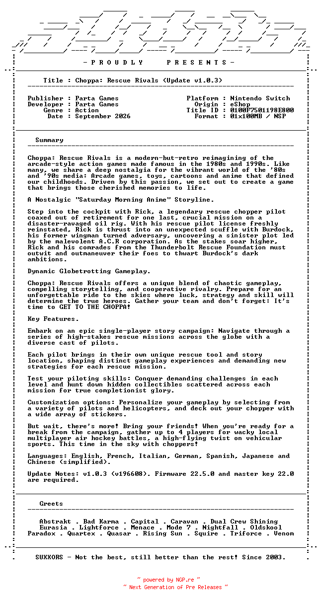 NFO for the release Choppa_Rescue_Rivals_Update_v1.0.3_NSW-SUXXORS by SUXXORS