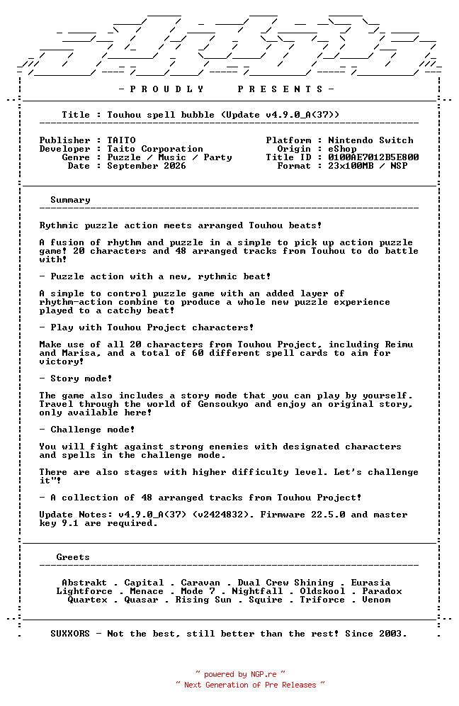 NFO for the release TOUHOU_Spell_Bubble_Update_v4.9.0_A_37_NSW-SUXXORS by SUXXORS