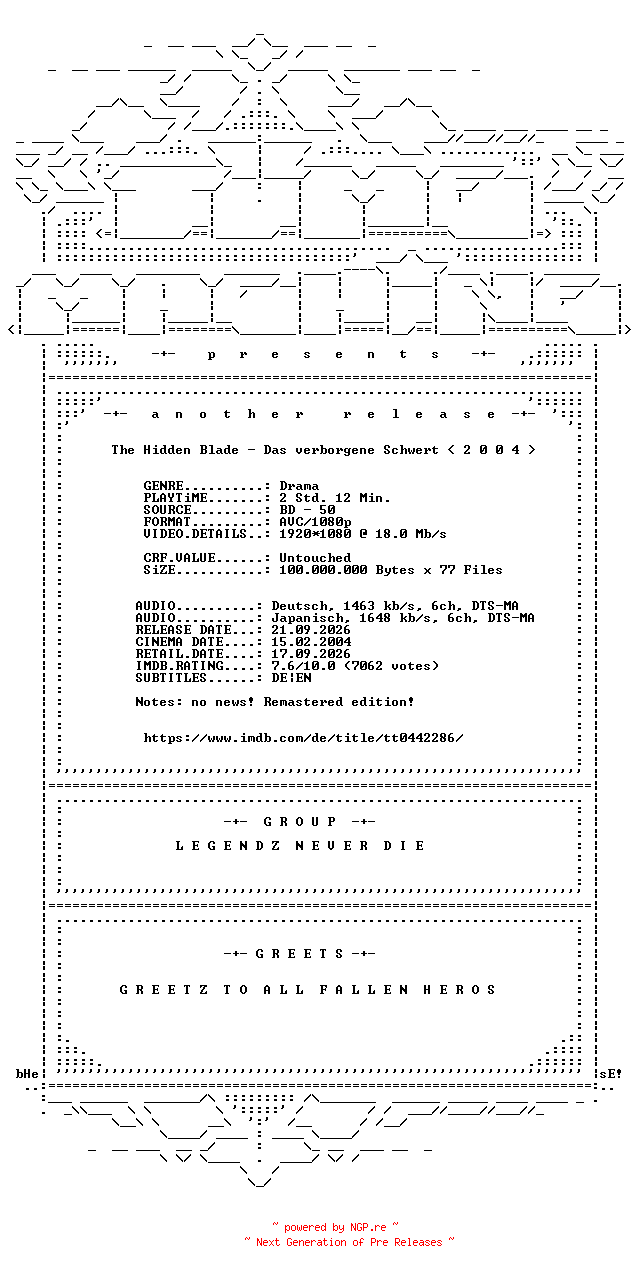 NFO for the release The.Hidden.Blade.REMASTERED.NFOFIX.2004.German.DL.1080p.BluRay.AVC-TM by TM
