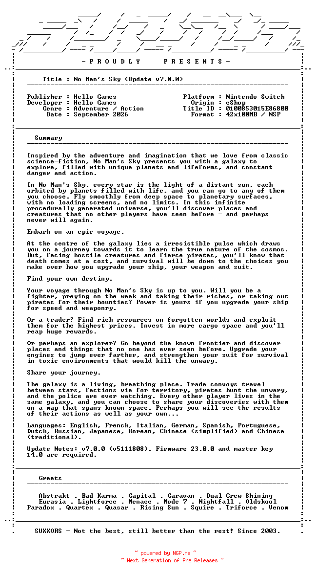 NFO for the release No_Mans_Sky_Update_v7.0.0_NSW-SUXXORS by SUXXORS