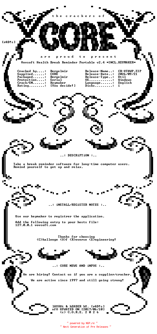 NFO for the release Vovsoft.Health.Break.Reminder.Portable.v2.4.Incl.Keymaker-CORE by CORE