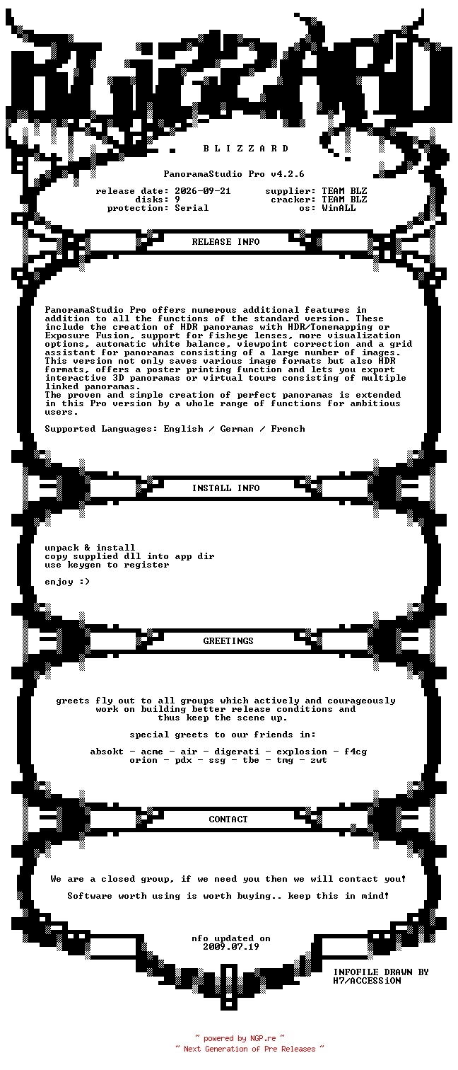 NFO for the release PanoramaStudio.Pro.v4.2.6.MultiLanguage.WinALL.Incl.Keygen.Patch-BLiZZARD by BLiZZARD