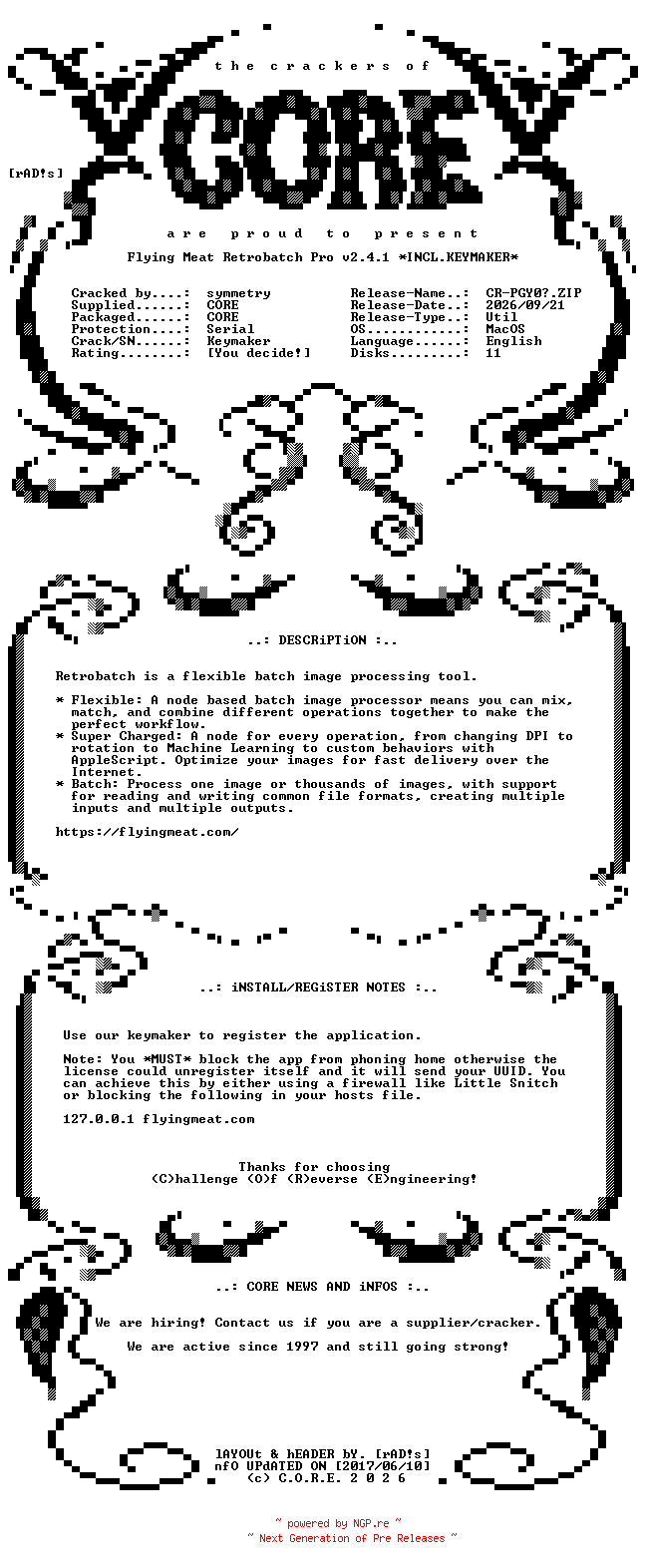 NFO for the release Flying.Meat.Retrobatch.Pro.v2.4.1.MacOS.UB.Incl.Keymaker-CORE by CORE