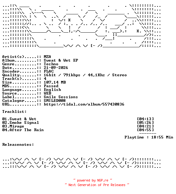 NFO for the release MZA-Sweat_And_Wet_EP-SMILED008-16BIT-WEB-FLAC-2026-WAVED by WAVED