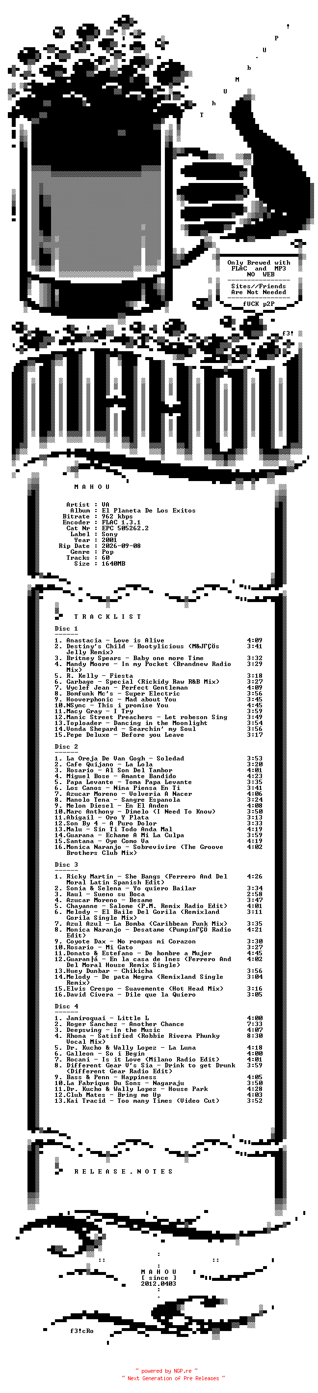 NFO for the release VA-El_Planeta_De_Los_Exitos-4CD-FLAC-2001-MAHOU by MAHOU