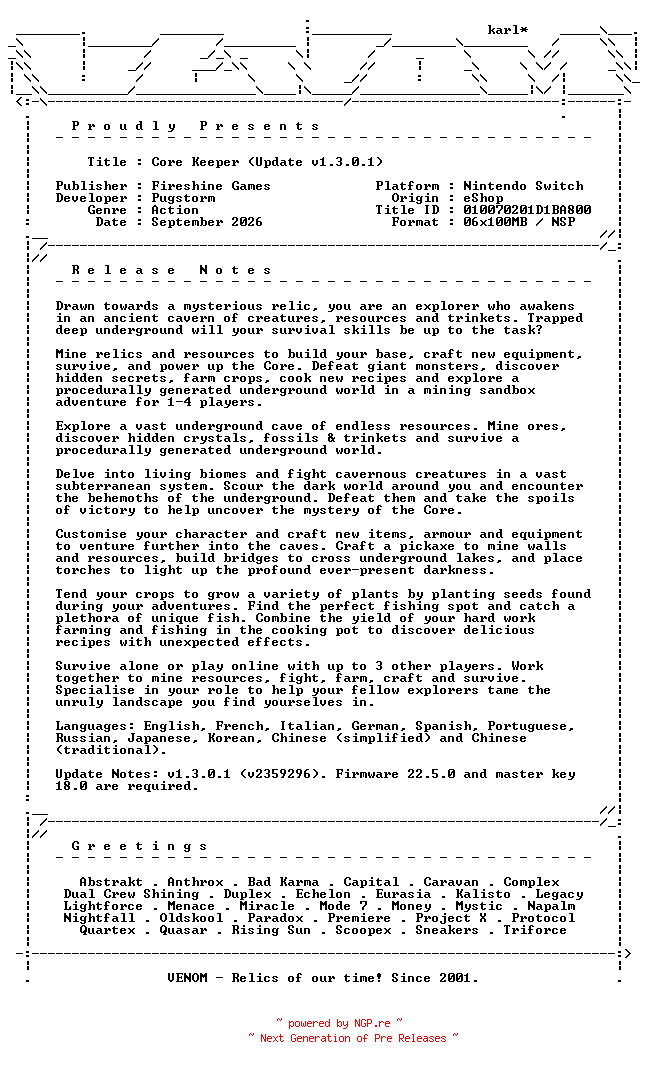 NFO for the release Core_Keeper_Update_v1.3.0.1_NSW-VENOM by VENOM