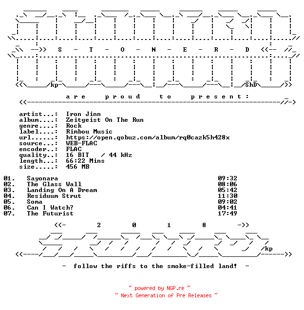 NFO for the release Iron_Jinn-Zeitgeist_On_The_Run-16BIT-WEB-FLAC-2026-STONERD by STONERD
