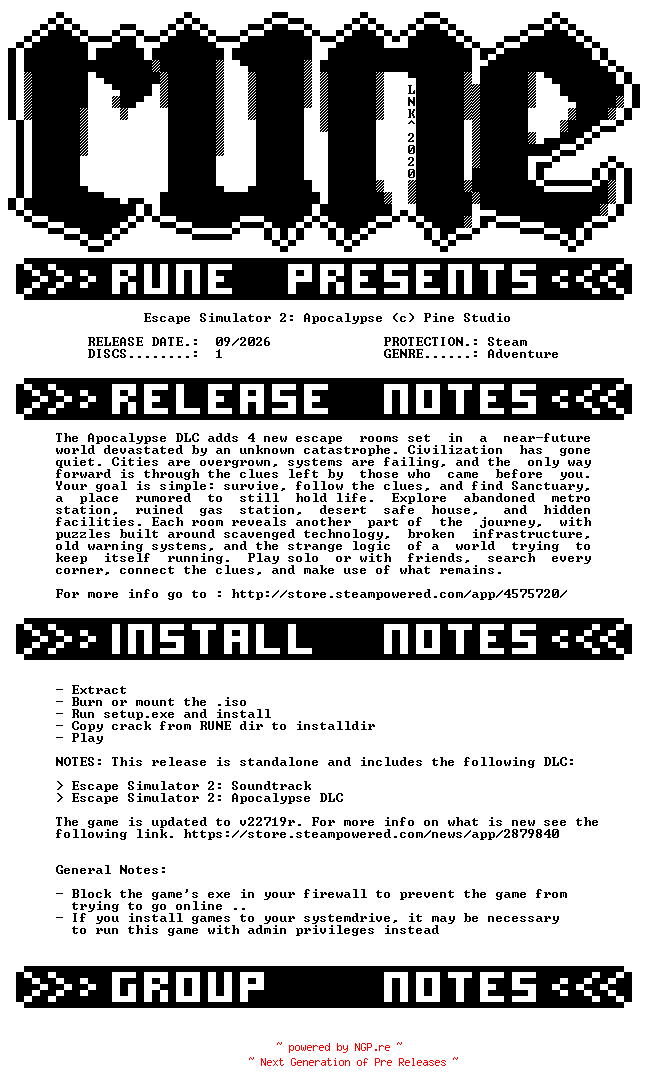 NFO for the release Escape.Simulator.2.Apocalypse-RUNE by RUNE