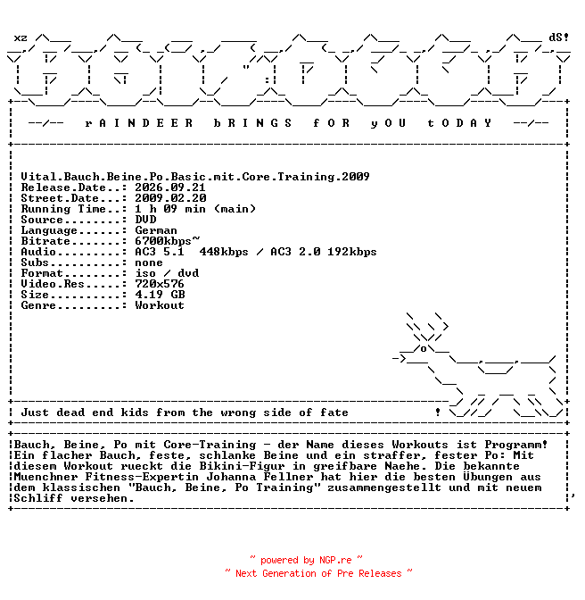 NFO for the release Vital.Bauch.Beine.Po.Basic.mit.Core.Training.2009.German.COMPLETE.PAL.DVDR-RAiNDEER by RAiNDEER