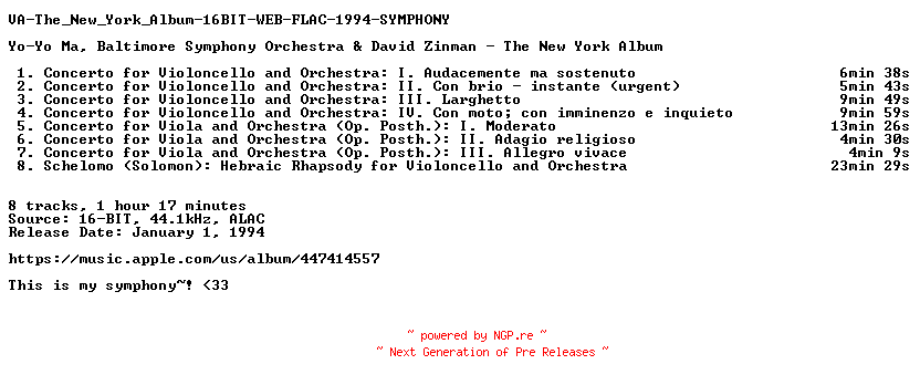 NFO for the release VA-The_New_York_Album-16BIT-WEB-FLAC-1994-SYMPHONY by SYMPHONY