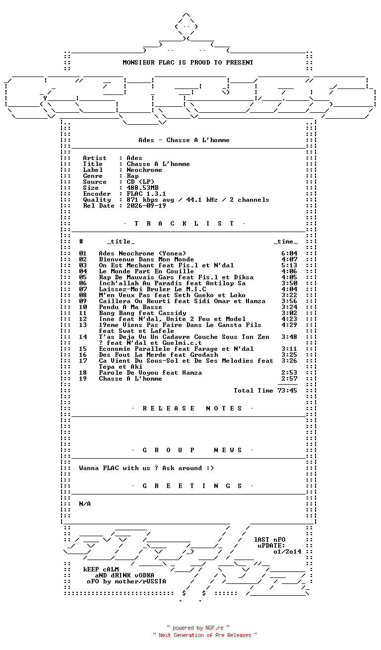 NFO for the release Ades-Chasse_A_Lhomme-FR-CD-FLAC-2006-Mrflac by Mrflac