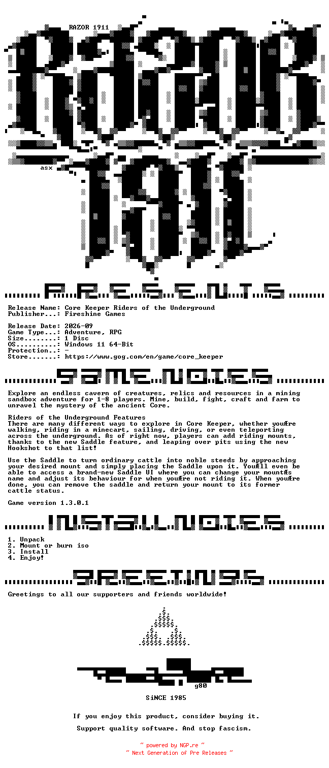 NFO for the release Core_Keeper_Riders_of_the_Underground-Razor1911 by Razor1911
