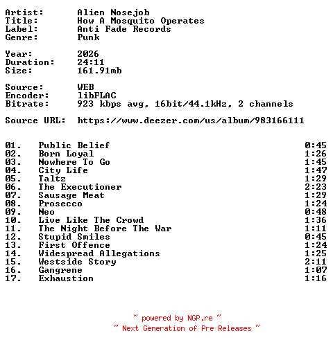 NFO for the release Alien_Nosejob-How_A_Mosquito_Operates-16BIT-WEB-FLAC-2026-VEXED by VEXED