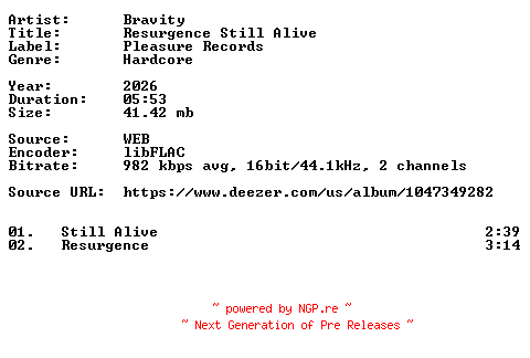 NFO for the release Bravity-Resurgence_Still_Alive-16BIT-WEB-FLAC-2026-VEXED by VEXED