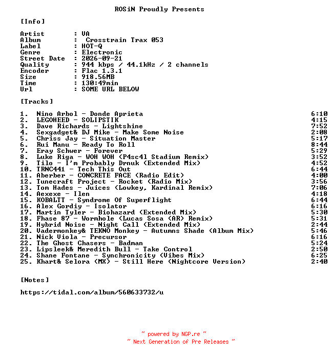 NFO for the release VA-Crosstrain_Trax_053-16BIT-WEB-FLAC-2026-ROSiN by ROSiN