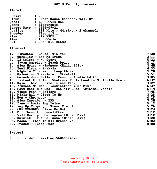 NFO for the release VA-Deep_House_Essence_Vol._09-16BIT-WEB-FLAC-2026-ROSiN by ROSiN