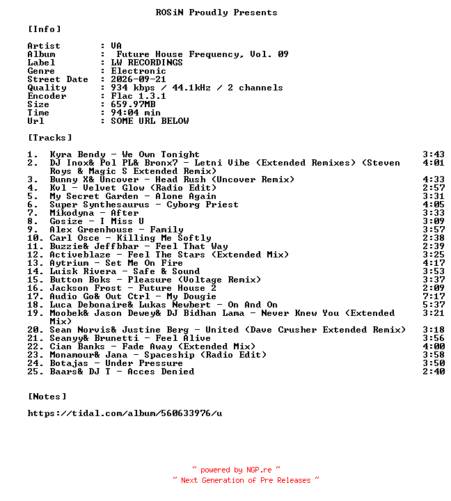 NFO for the release VA-Future_House_Frequency_Vol._09-16BIT-WEB-FLAC-2026-ROSiN by ROSiN