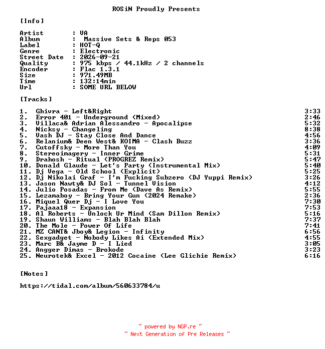 NFO for the release VA-Massive_Sets_And_Reps_053-16BIT-WEB-FLAC-2026-ROSiN by ROSiN