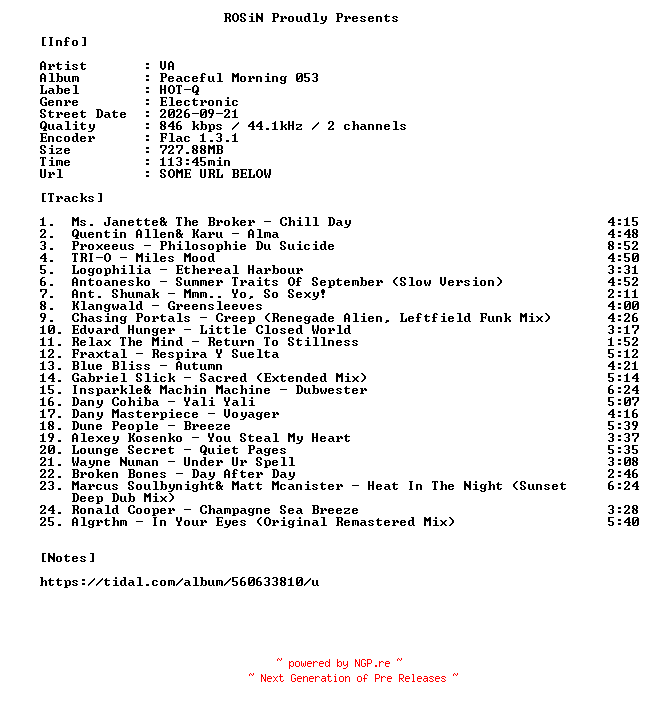 NFO for the release VA-Peaceful_Morning_053-16BIT-WEB-FLAC-2026-ROSiN by ROSiN