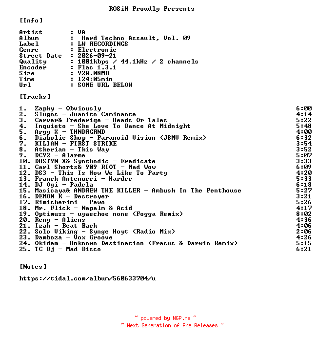 NFO for the release VA-Hard_Techno_Assault_Vol._09-16BIT-WEB-FLAC-2026-ROSiN by ROSiN