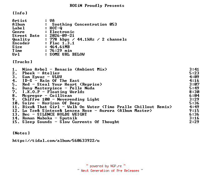 NFO for the release VA-Soothing_Concentration_053-16BIT-WEB-FLAC-2026-ROSiN by ROSiN