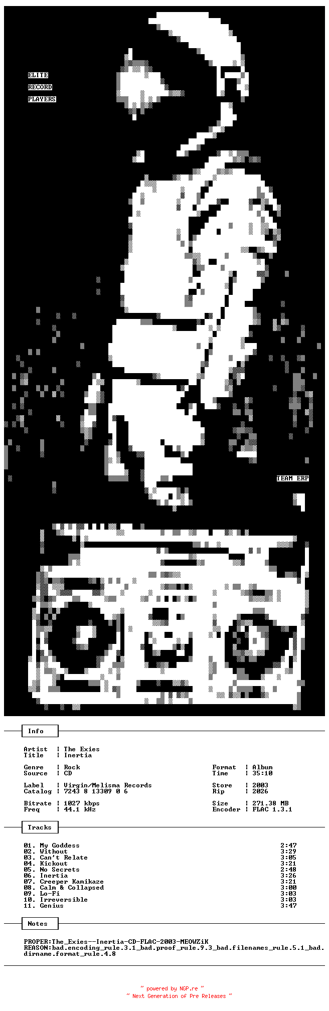 NFO for the release The_Exies-Inertia-Proper-CD-FLAC-2003-ERP by ERP