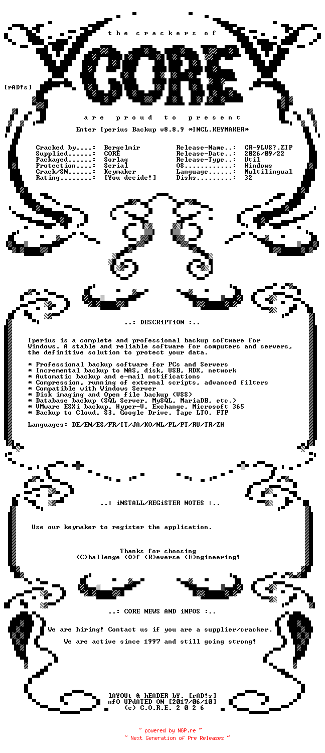 NFO for the release Enter.Iperius.Backup.v8.8.9.Multilingual.Incl.Keymaker-CORE by CORE