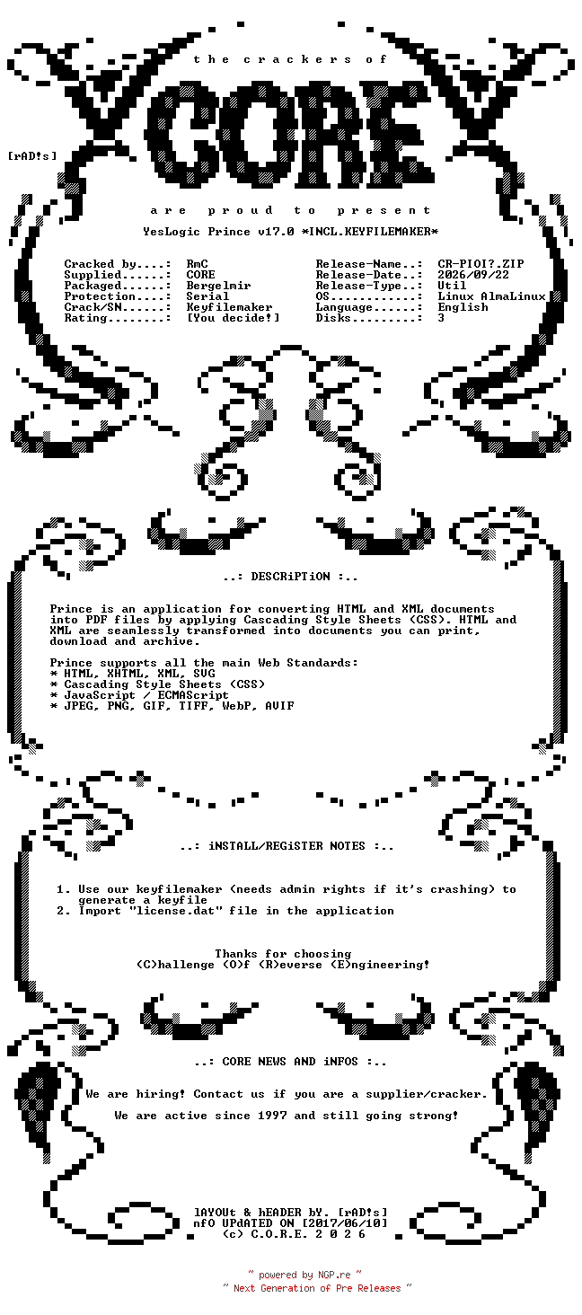 NFO for the release YesLogic.Prince.v17.0.Linux.AlmaLinux.8.x64.Incl.Keyfilemaker-CORE by CORE