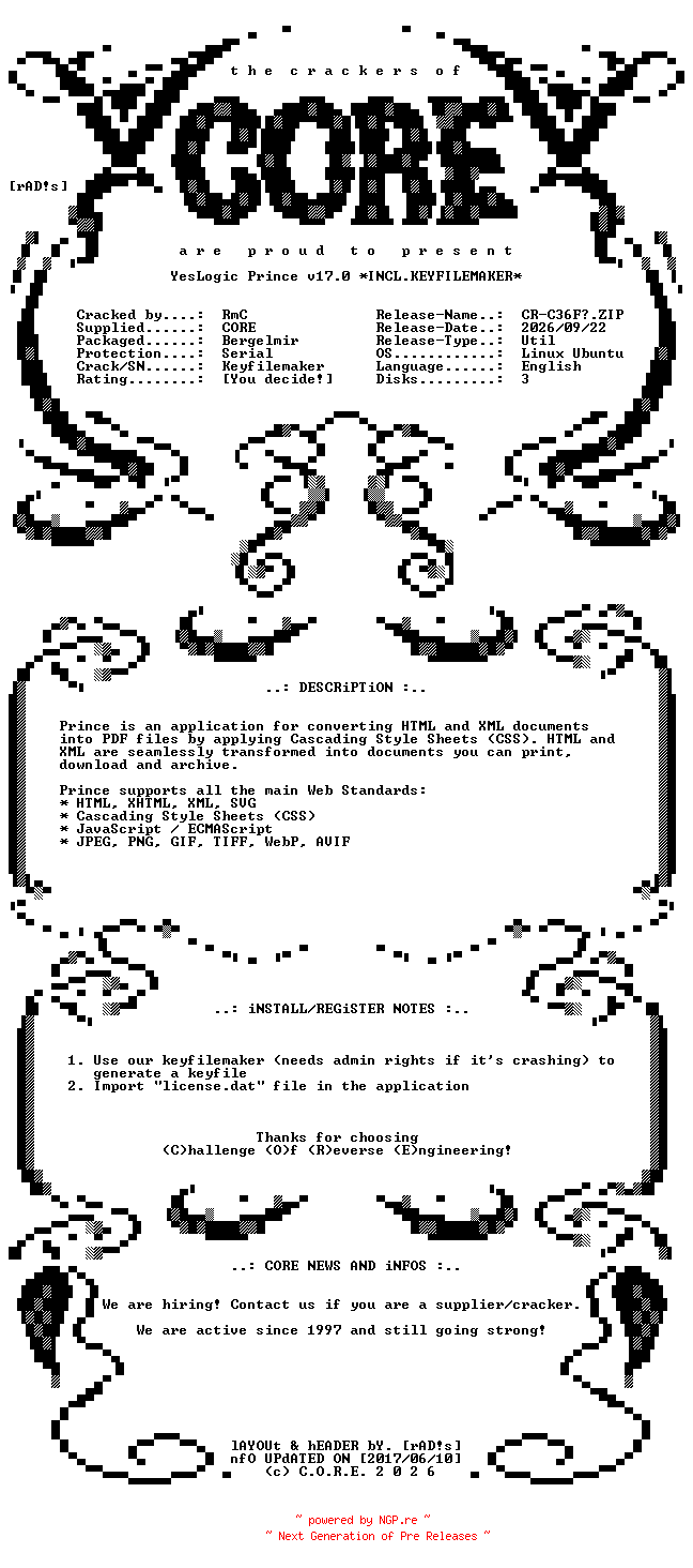 NFO for the release YesLogic.Prince.v17.0.Linux.Ubuntu.20.04.x64.Incl.Keyfilemaker-CORE by CORE