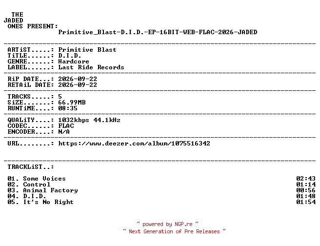 NFO for the release Primitive_Blast-D.I.D.-EP-16BIT-WEB-FLAC-2026-JADED by JADED